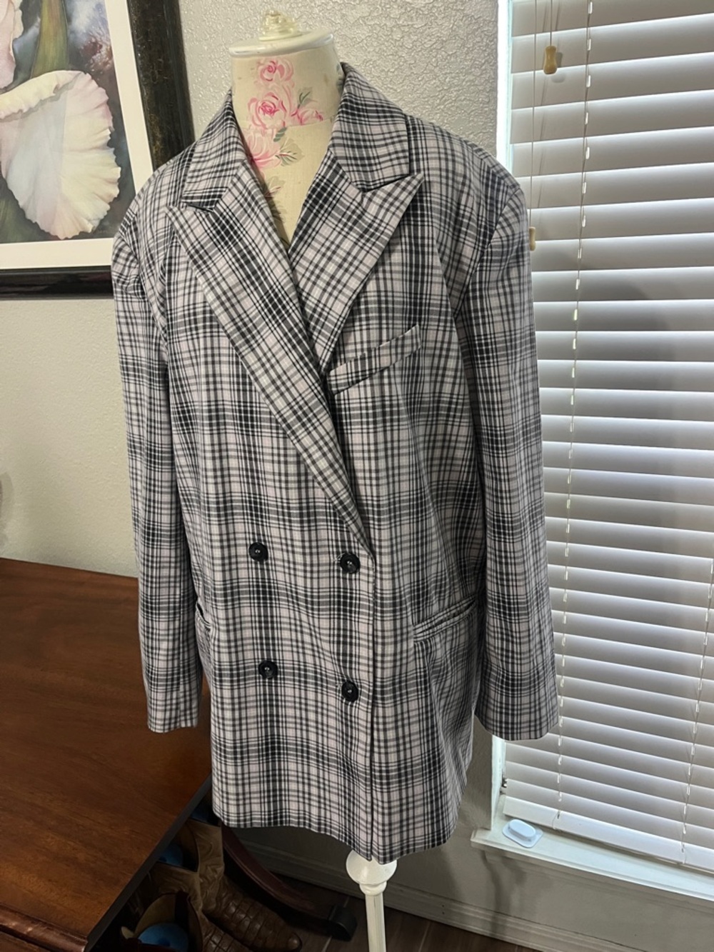 H&M Black and White Plaid Double-Breasted Blazer oversized Size M
